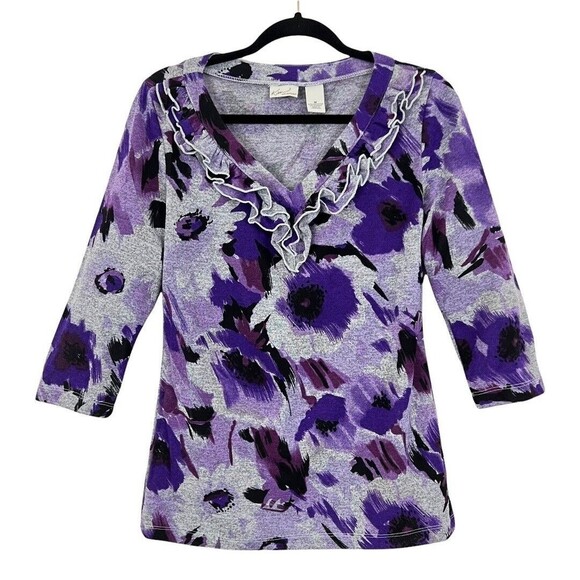 Kim Rogers Womens Size Medium Purple Floral Ruffle V-Neck Knit Top - Picture 1 of 4